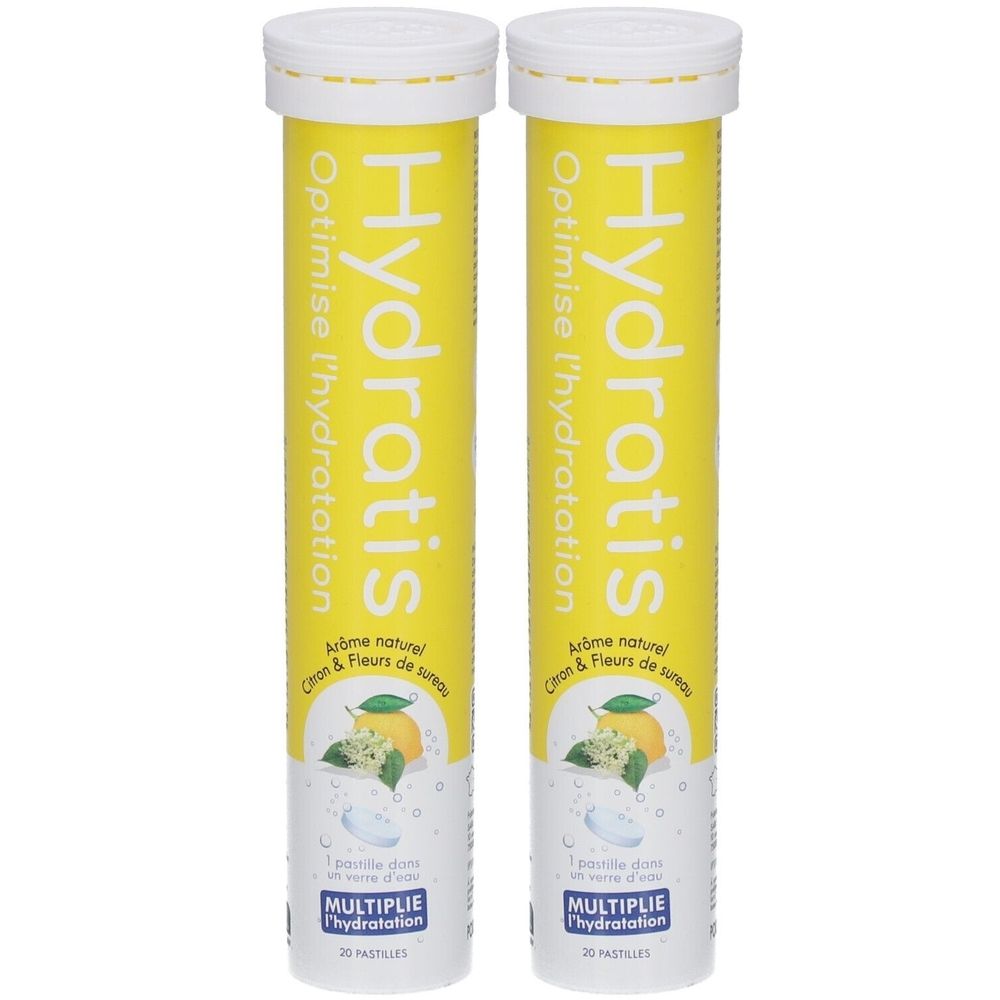 Deux tubes jaunes avec bouchons blancs. Inscription: Hydratis, Optimise l'hydratation, Citron & Fleur de sureau. 20 pastilles.