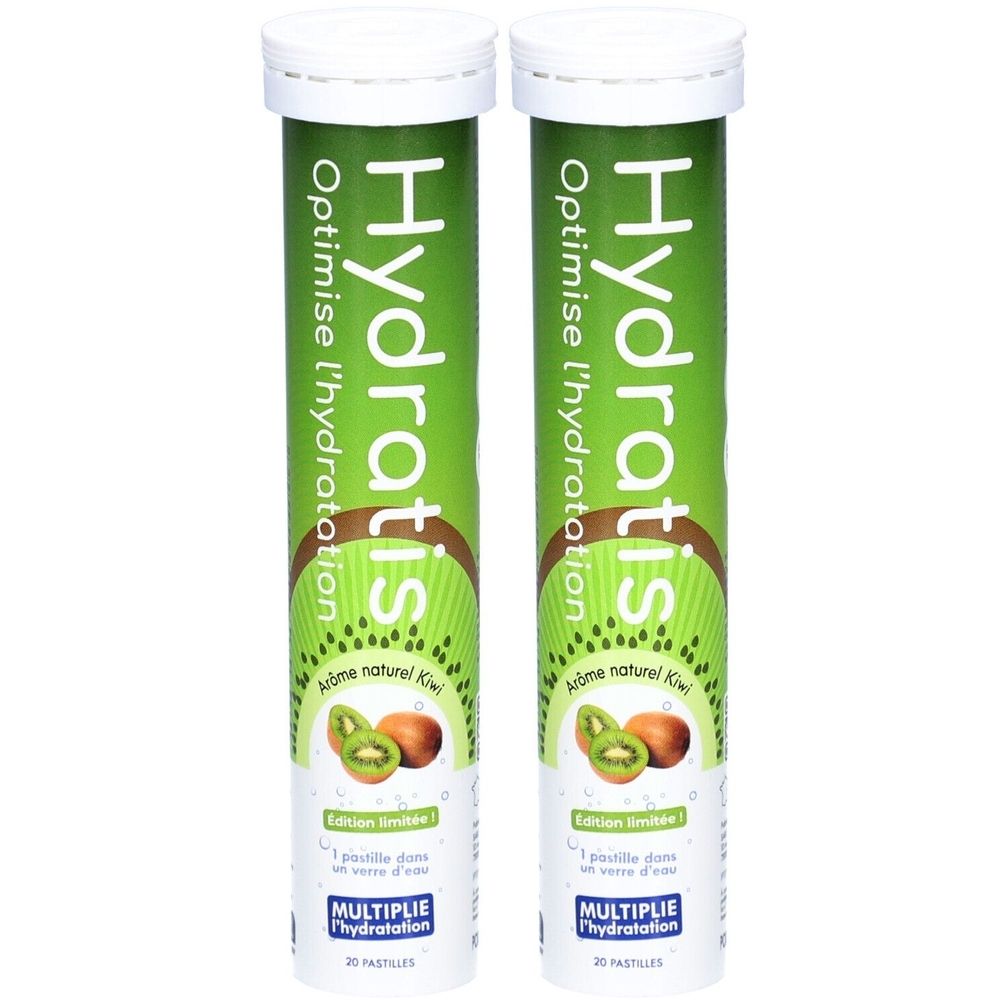 Zwei grüne Tuben mit weißem Deckel. Aufschrift: Hydratis, Optimise l'hydratation, Kiwi-Aroma. Abbildung von Kiwi-Früchten.