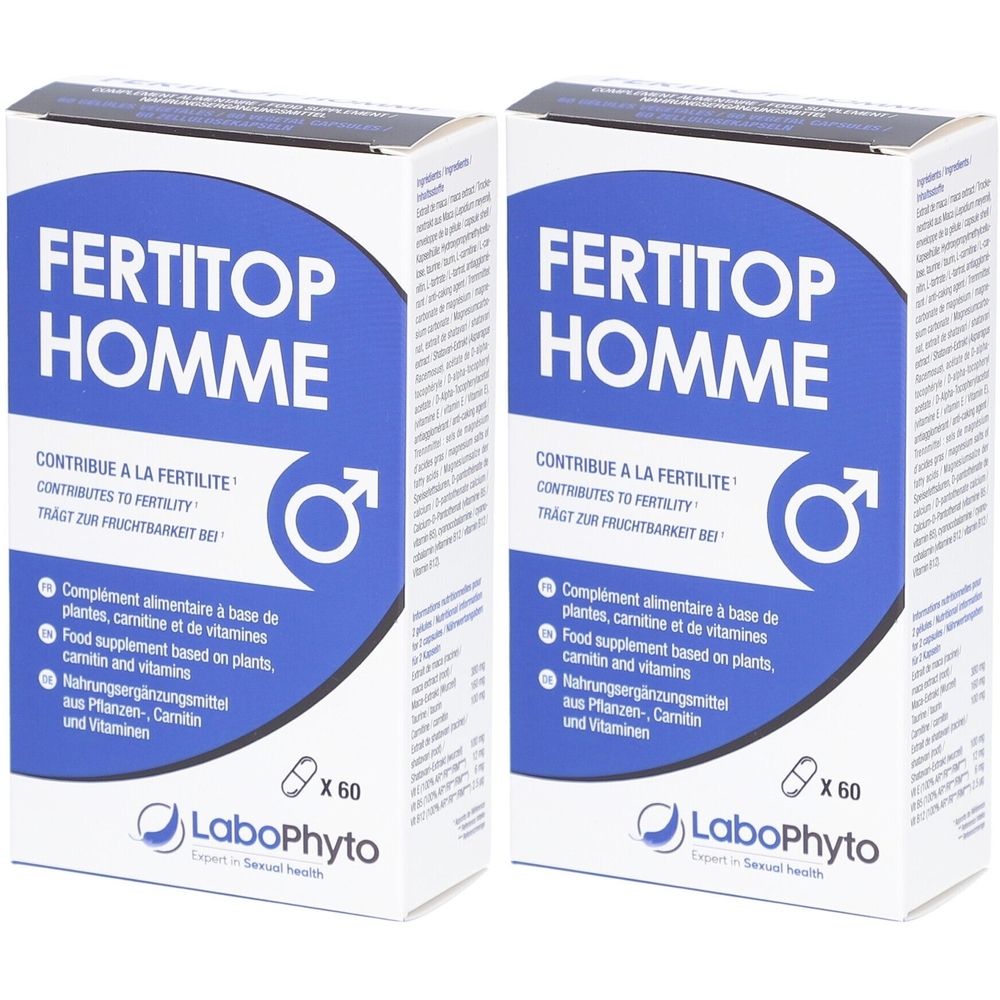 Zwei Schachteln mit „FERTITOP HOMME“-Aufdruck. Blaue und weiße Verpackung. Enthält Nahrungsergänzungsmittel. Marke: LaboPhyto.