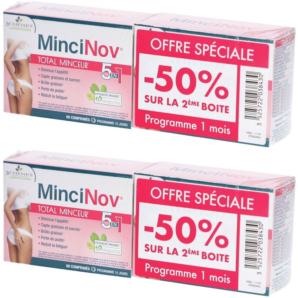 Deux boîtes de "MinciNov Total Minceur 5 en 1". L'une affiche une offre spéciale avec -50% de réduction sur la deuxième boîte.