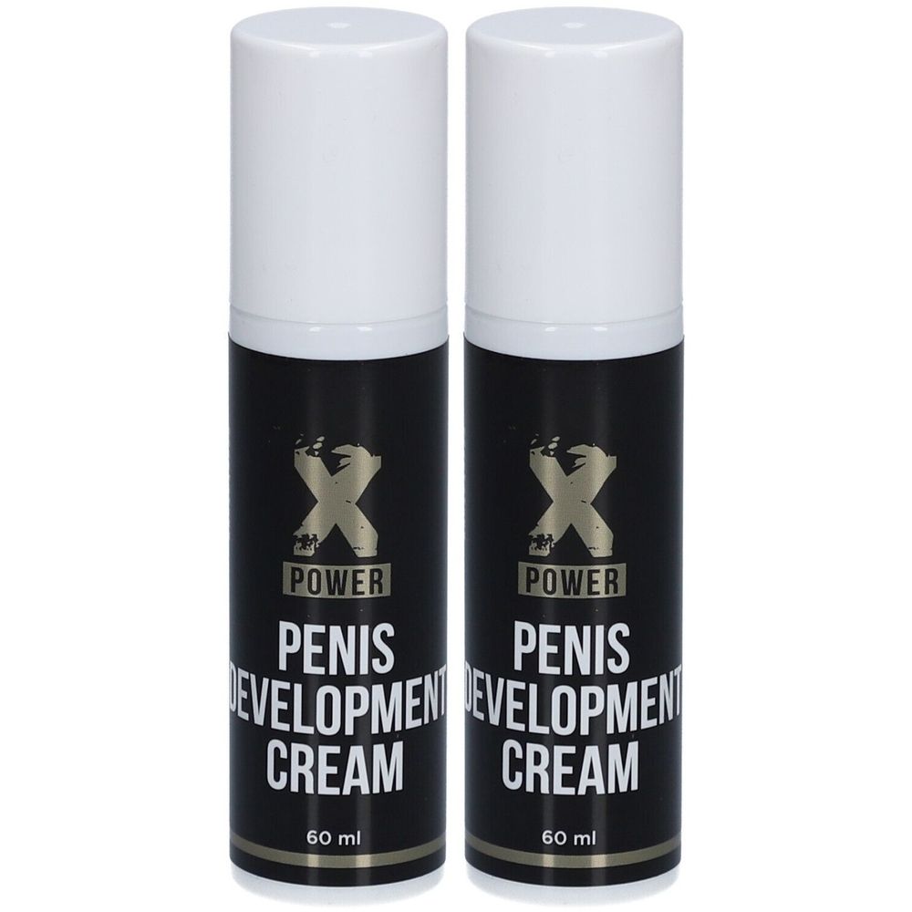 Zwei zylindrische Flaschen mit weißem Deckel. Schwarze Etiketten mit goldfarbenem Logo und Text: PENIS DEVELOPMENT CREAM. Unten: 60 ml.