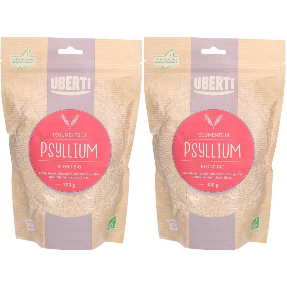Deux sachets de Psyllium Blond BIO Uberti. Inscription : Psyllium, Blond BIO, 300 g. Emballage en papier.