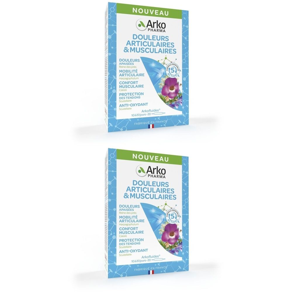 Deux boîtes de "Arko Pharma Douleurs Articulaires & Musculaires". Emballage bleu et blanc avec design floral et mentions.