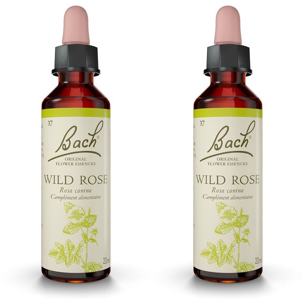 Deux flacons en verre brun avec pipette rose. L'étiquette indique "Bach Original Flower Essences Wild Rose".