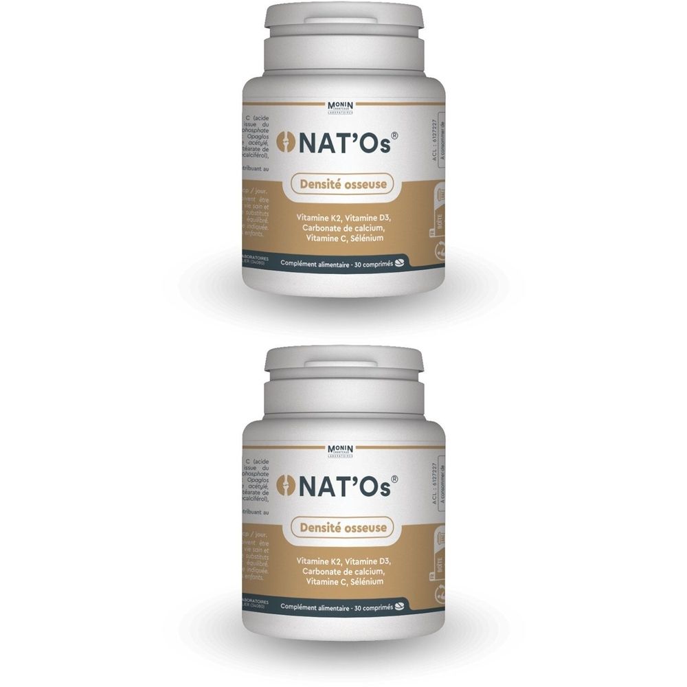 Deux flacons blancs NAT'Os. Inscription: Densité osseuse. Contient vitamine K2, D3, carbonate de calcium, vitamine C, sélénium.
