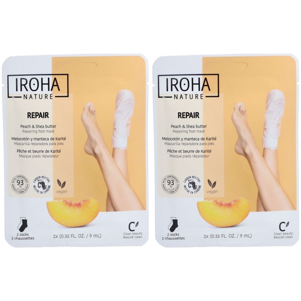 Zwei Produktverpackungen mit dem Logo IROHA NATURE. Aufdruck: REPAIR, Pfirsich & Sheabutter. Abgebildet sind Füße mit Socken und eine Pfirsichhälfte.