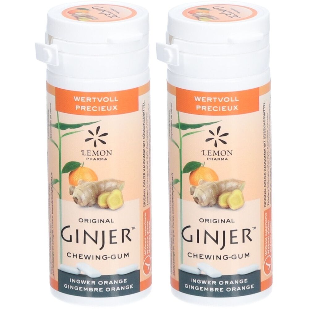 Deux contenants cylindriques. Inscription : GINJER CHEWING-GUM. Impression orange avec illustration de gingembre et d'orange. Marque : Lemon Pharma.
