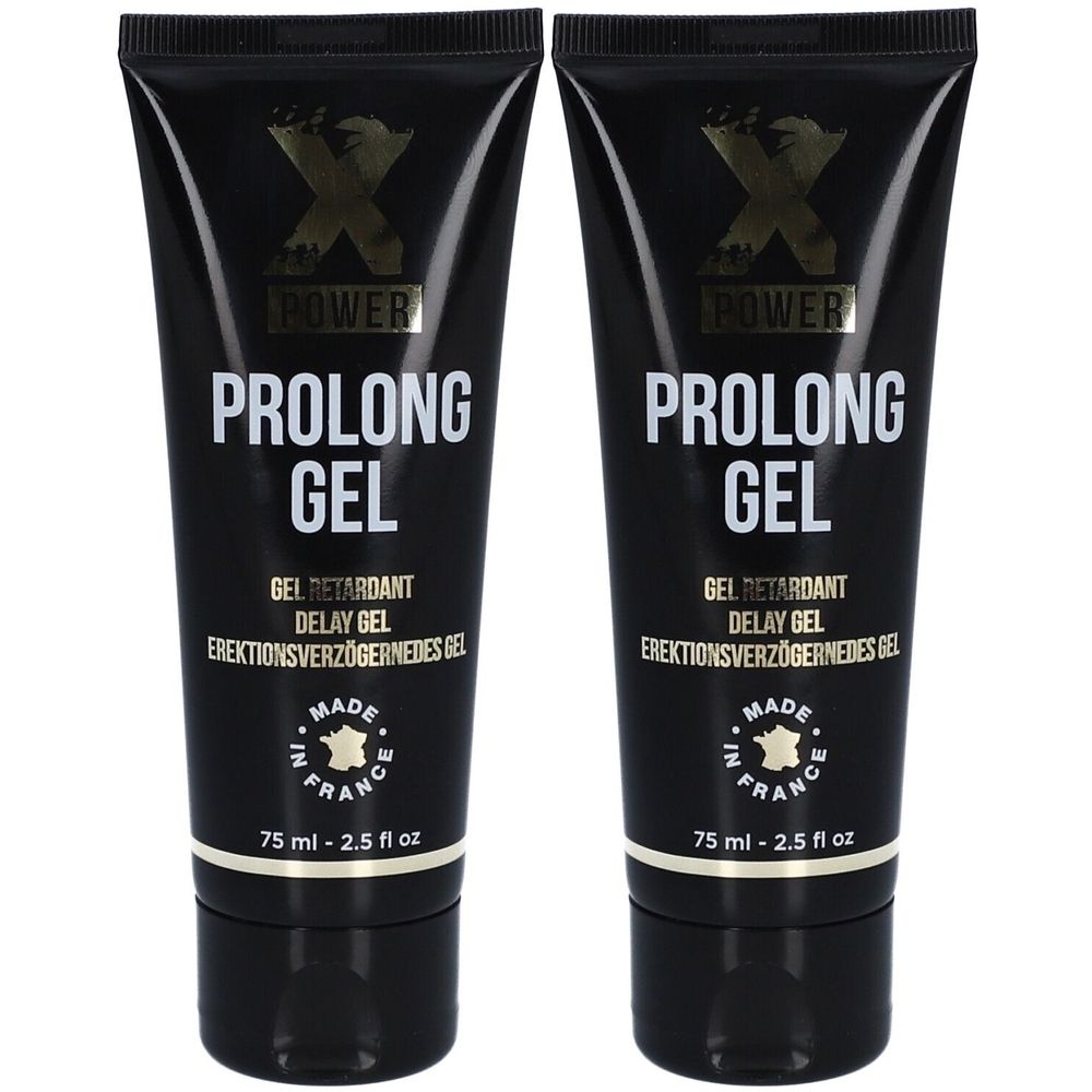 Zwei schwarze Tuben mit weißer Schrift. Auf jeder Tube steht "XPOWER PROLONG GEL". Text darunter: "GEL RETARDANT". Hergestellt in Frankreich.