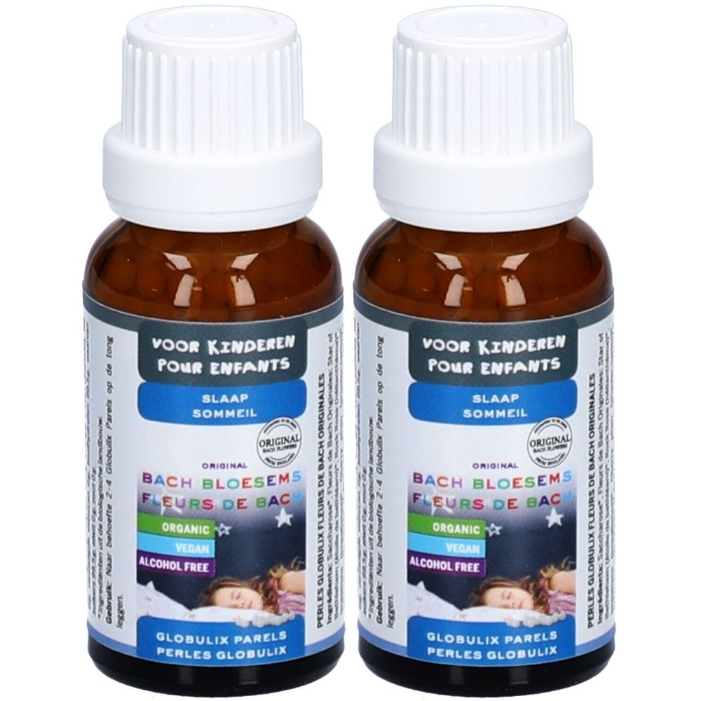 Zwei braune Glasflaschen mit weißen Verschlüssen. Auf den Etiketten steht 'VOOR KINDEREN POUR ENFANTS' und 'SLAAP SOMMEIL'.