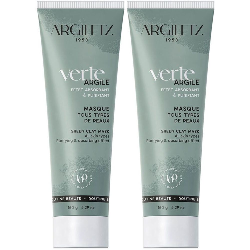Deux tubes de masque d'argile verte Argiletz. Couleur vert-gris, bouchon blanc. Texte : « Verte Argile », « Masque tous types de peaux ».