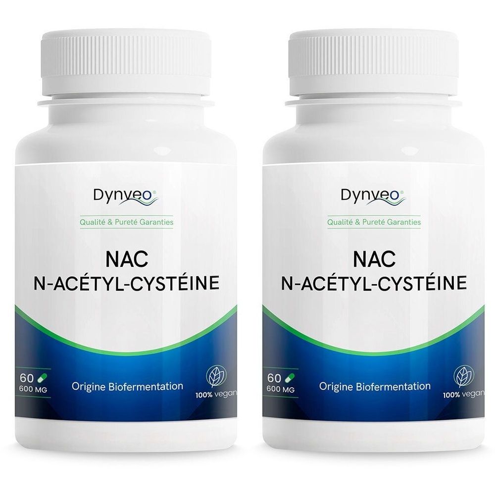 Zwei weiße Flaschen mit Schraubverschluss. Aufschrift: Dynveo, NAC N-Acetyl-Cystéine. 60 Kapseln, 600 mg. Ursprung Biofermentation. 100% vegan.
