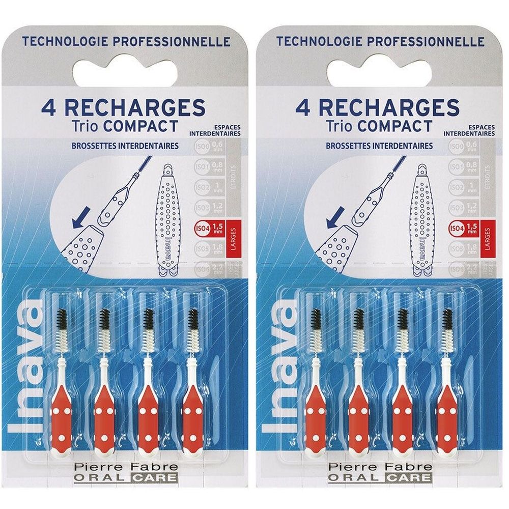 Zwei Packungen Inava Trio Compact Bürsten. Jede Packung enthält 4 Nachfüllungen. Rote Griffe, schwarze Borsten. Pierre Fabre Oral Care.