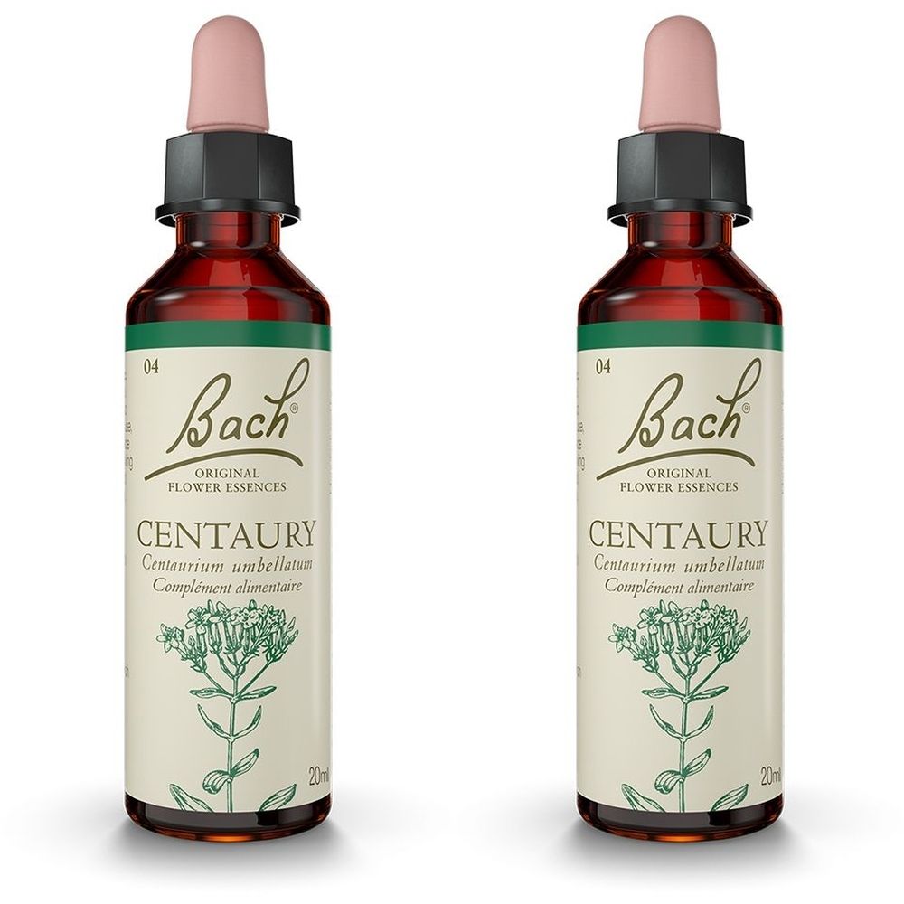 Deux flacons en verre brun avec pipette rose. Inscription : Bach Original Flower Essences Centaury.