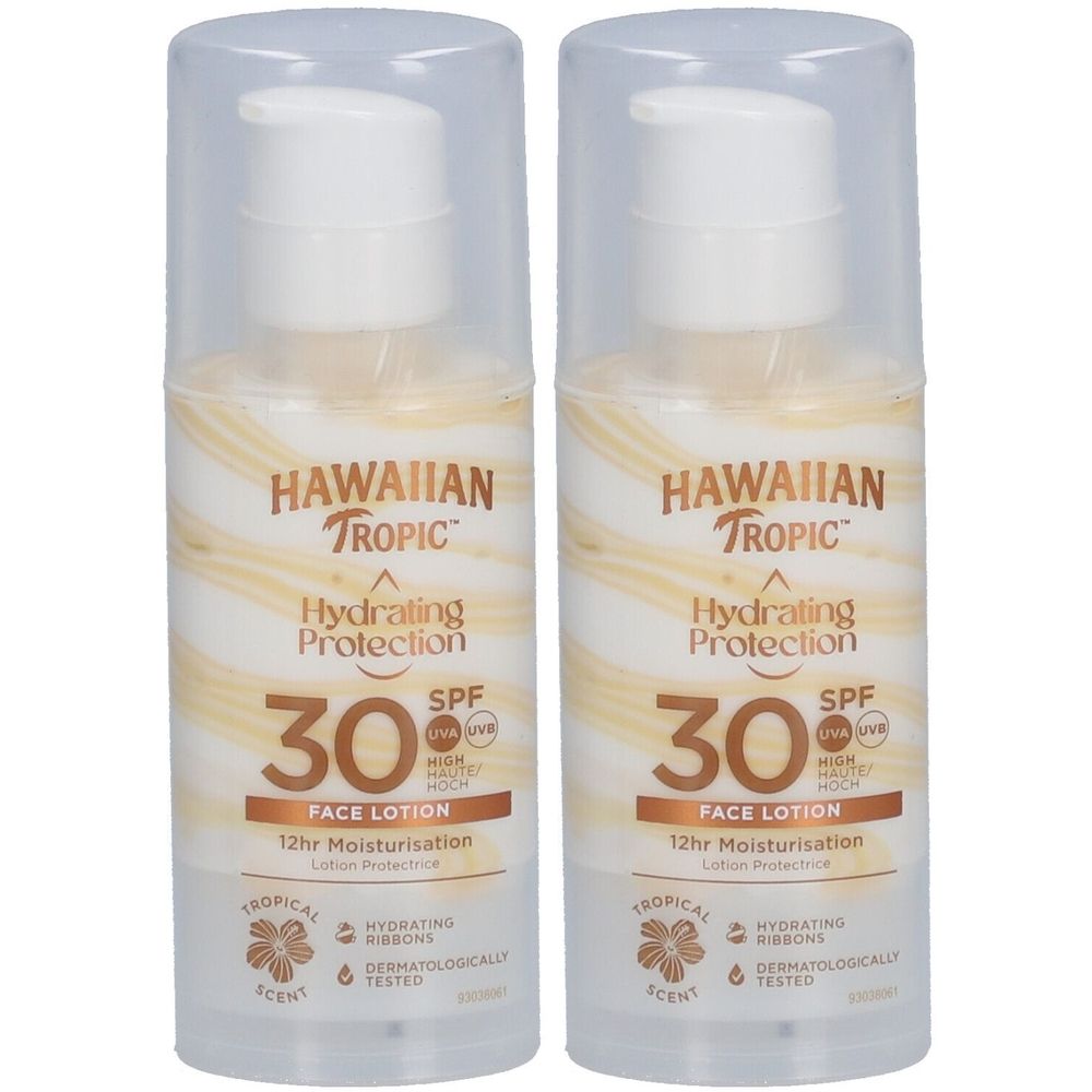 Zwei Flaschen Hawaiian Tropic Gesichtslotion mit SPF 30. Weiße Flaschen mit braunen Wellenmustern und transparenten Deckeln. Text: Hydrating Protection.