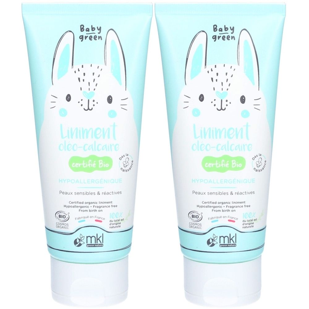 Zwei Tuben Baby Green Liniment. Hellblau-weißes Design mit Hasenmotiv. Aufschrift: "certifié Bio", "Hypoallergénique", "Peaux sensibles & réactives".