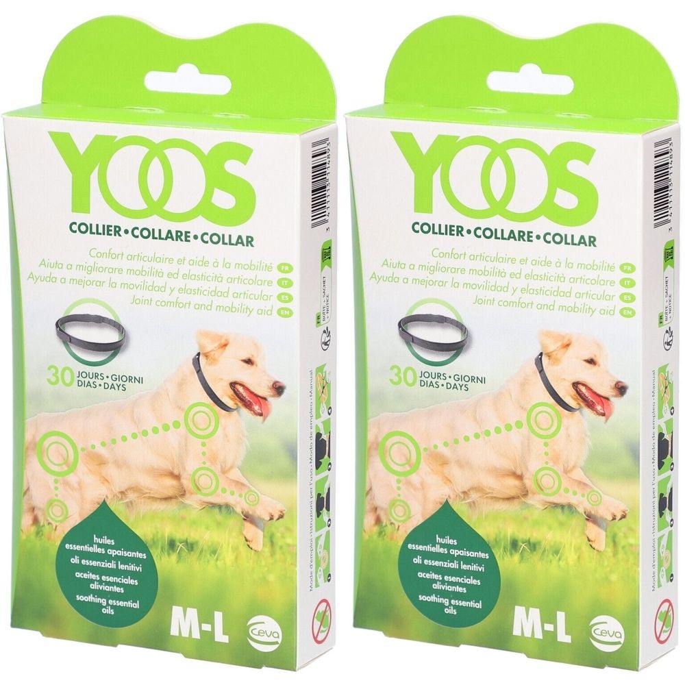 Zwei Produktverpackungen. Aufschrift YOOS, COLLIER. Abbildung eines Hundes mit Halsband. Größe M-L. 30 Tage.