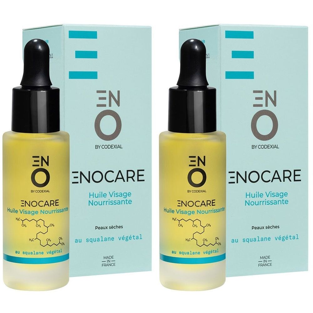 Zwei Flaschen Gesichtsöl mit schwarzem Verschluss und Pipette. Aufschrift: ENO Enocare, Huile Visage Nourrissante, für trockene Haut.