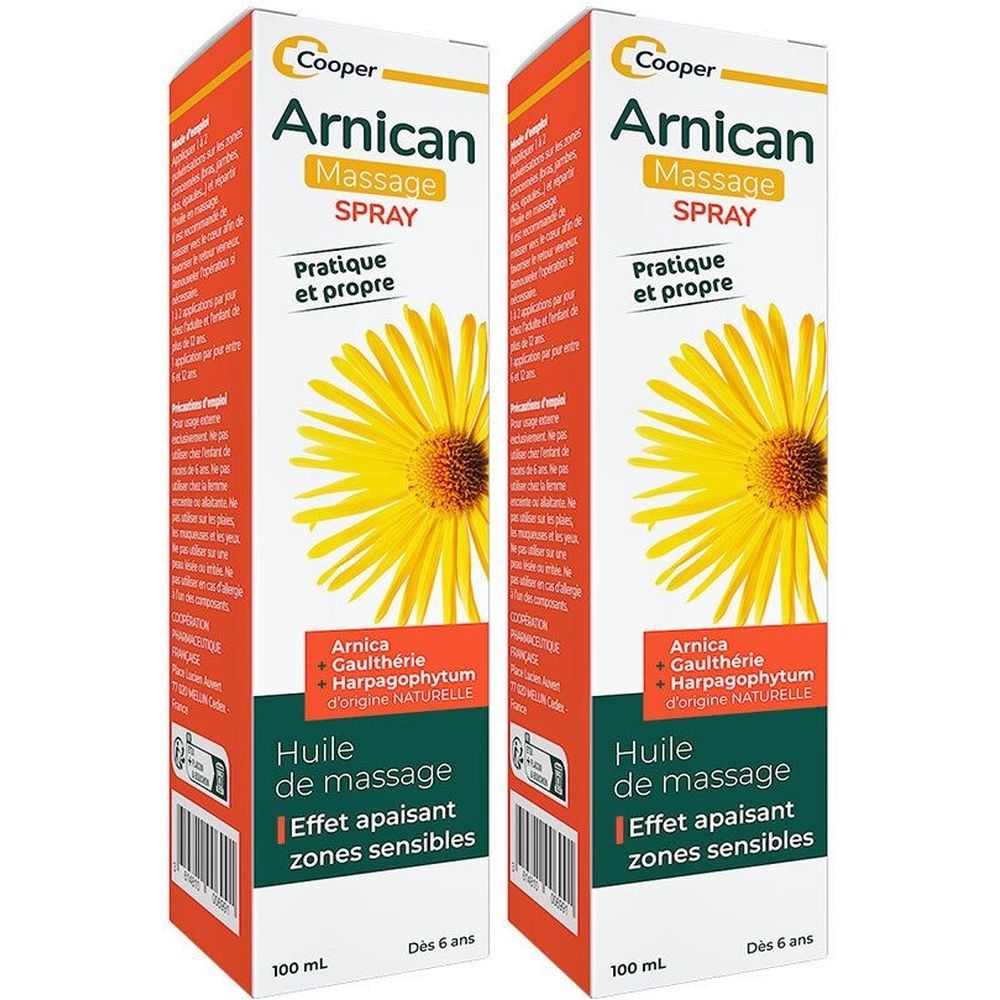 Deux boîtes rectangulaires. Inscription: Arnican Massage Spray. Fleur jaune. Texte: Huile de massage, Effet apaisant zones sensibles. 100 ml.