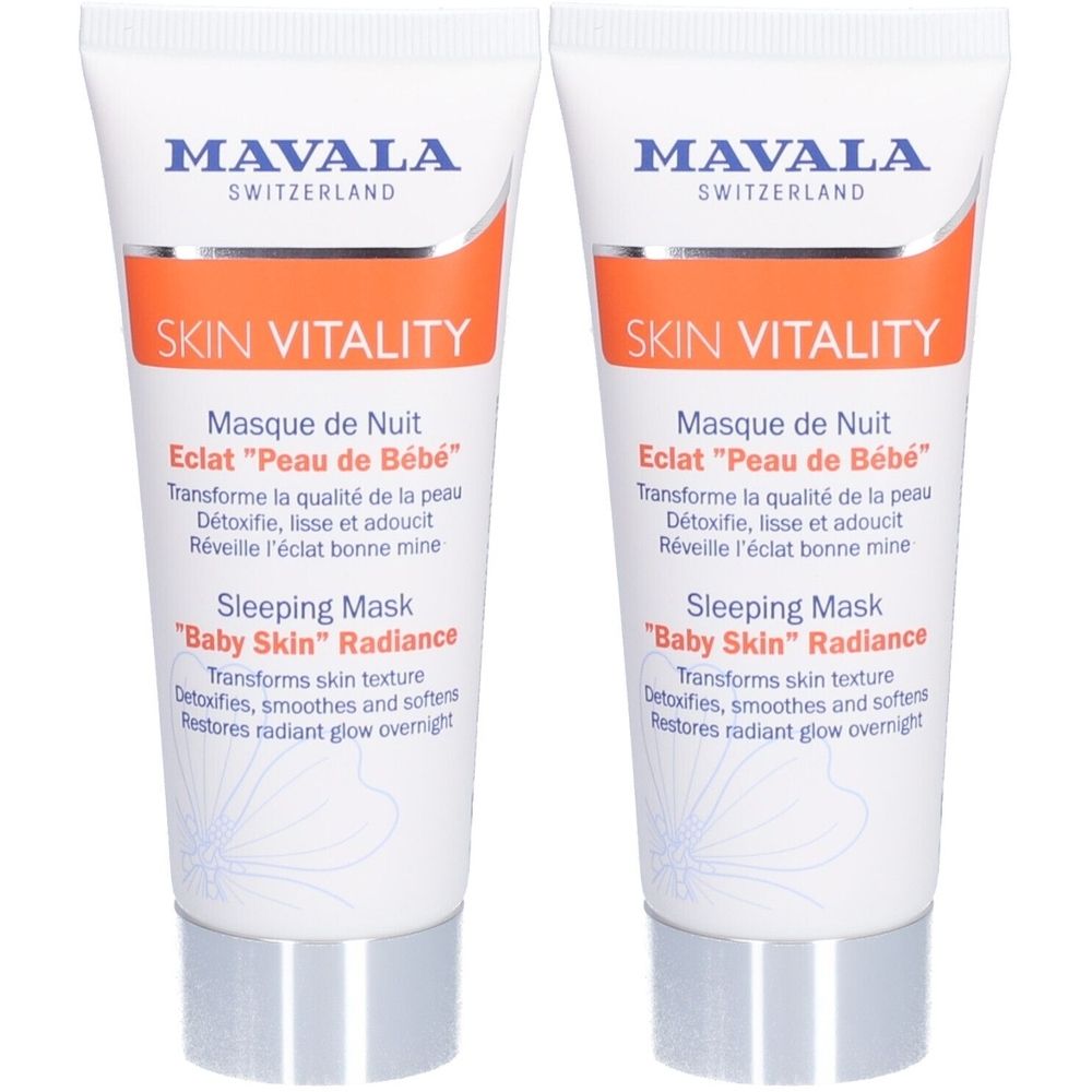 Zwei Tuben Mavala Skin Vitality Nachtmaske. Weiße Tuben mit orangefarbenem Streifen und blauer Schrift. Text: Skin Vitality, Masque de Nuit, Sleeping Mask.