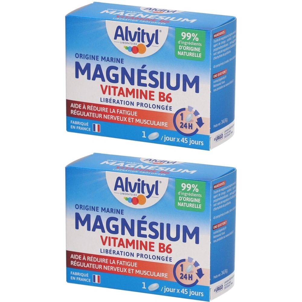 Zwei blaue Schachteln mit der Aufschrift "Magnésium Vitamine B6". Enthält 99% Inhaltsstoffe natürlichen Ursprungs. Hergestellt in Frankreich.
