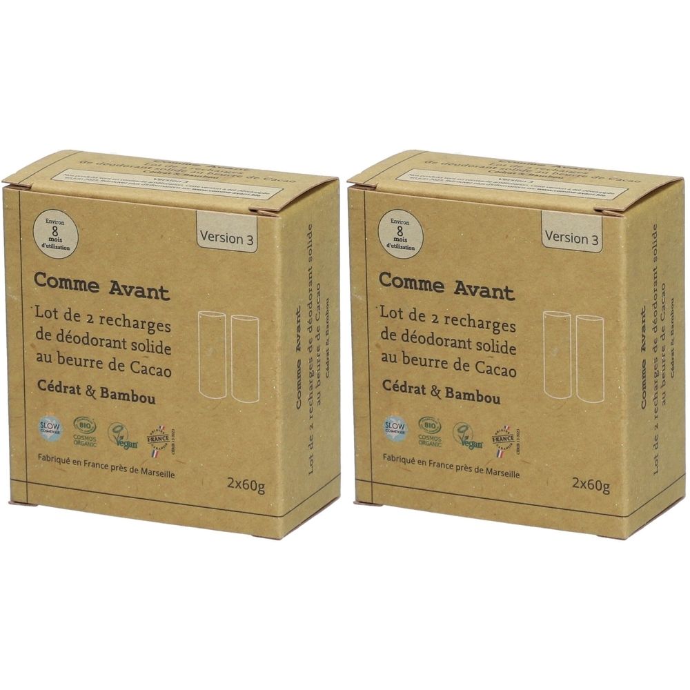 Zwei rechteckige Kartons. Aufschrift: Comme Avant, Lot de 2 recharges de déodorant solide au beurre de Cacao Cédrat & Bambou. Version 3.