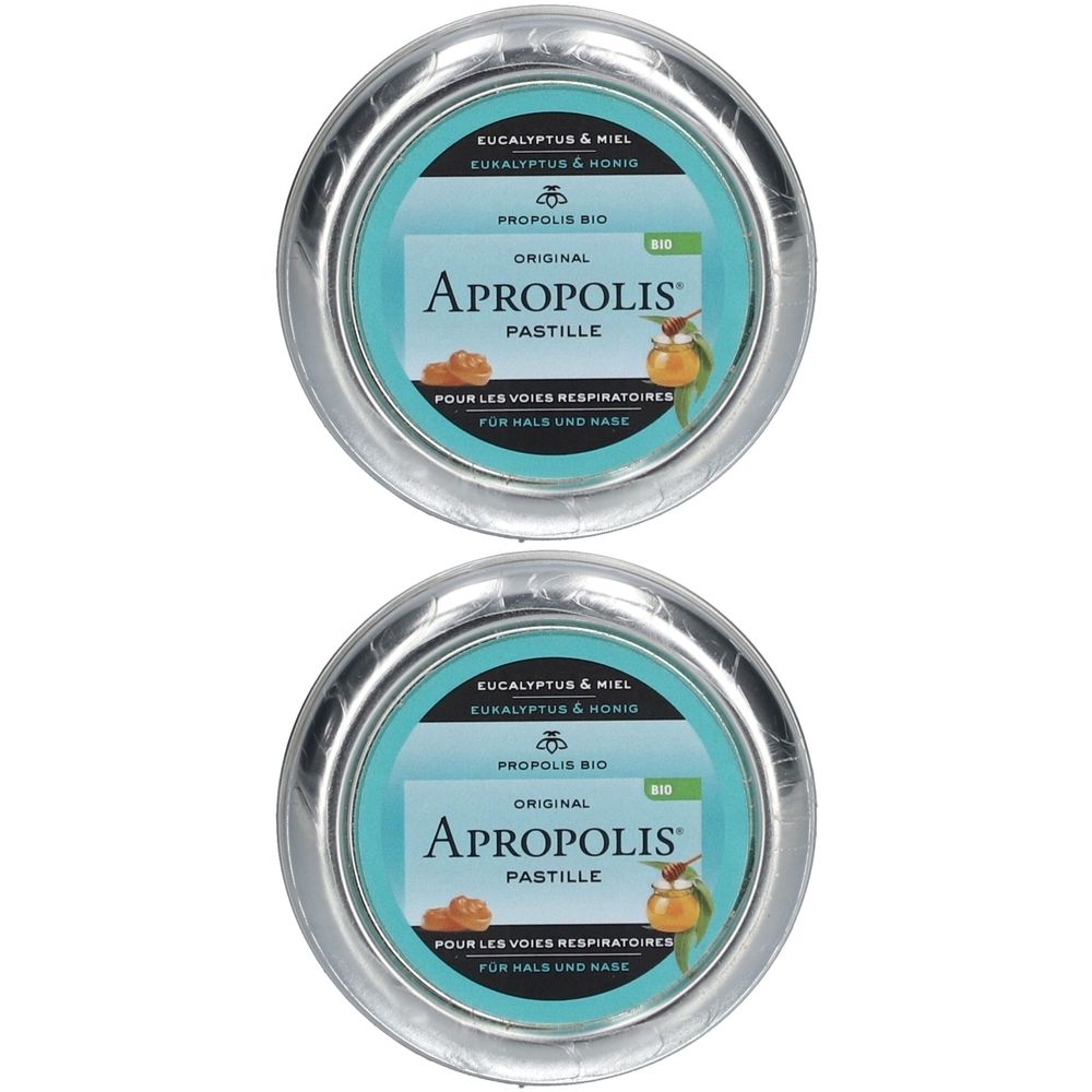 Deux boîtes rondes en métal avec pastilles. Inscription: Apropolis Pastille, Eucalyptus & Miel. Label bio.