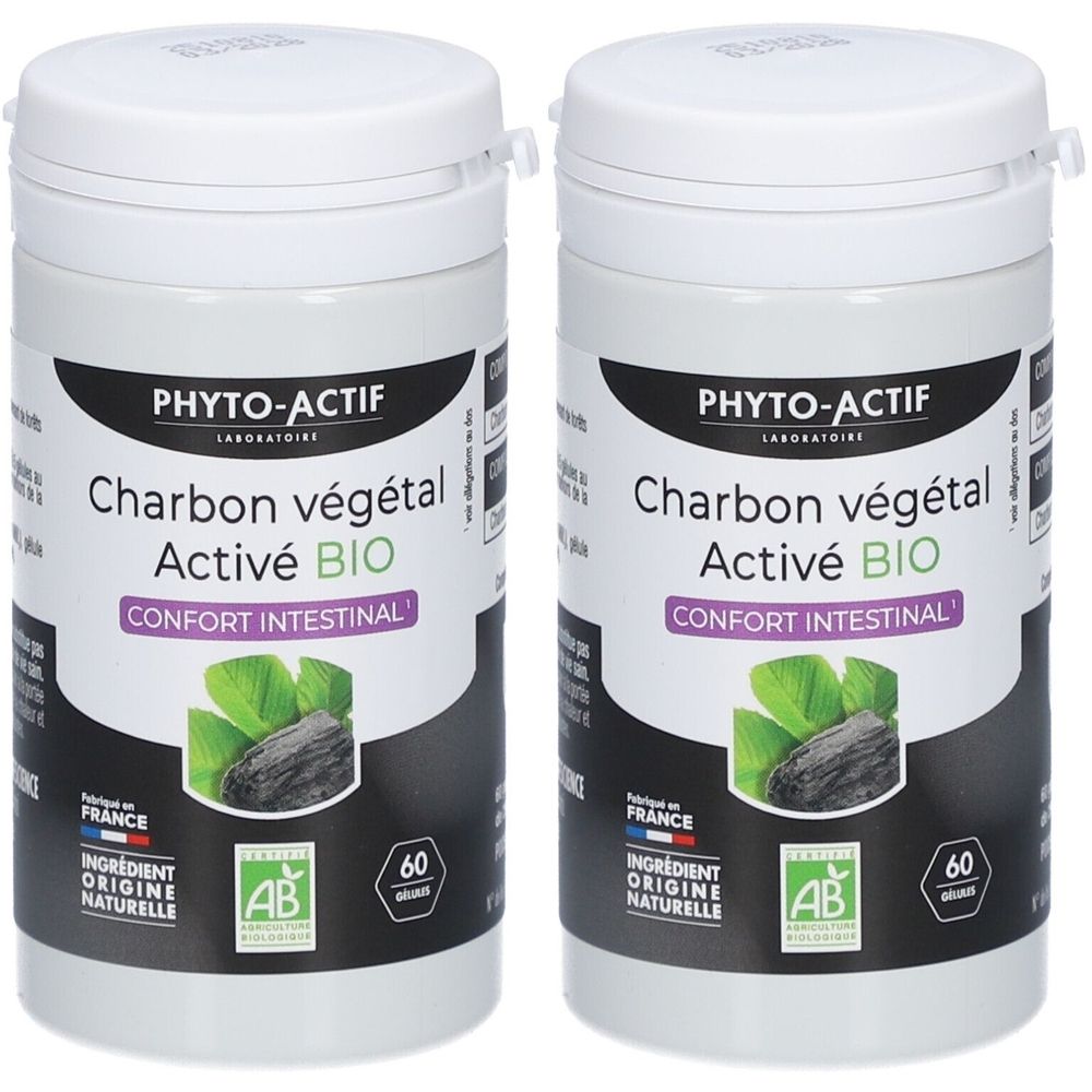 Zwei weiße Behälter mit schwarzem Etikett. Aufschrift: PHYTO-ACTIF, Charbon végétal Activé BIO, Confort intestinal. AB-Siegel.