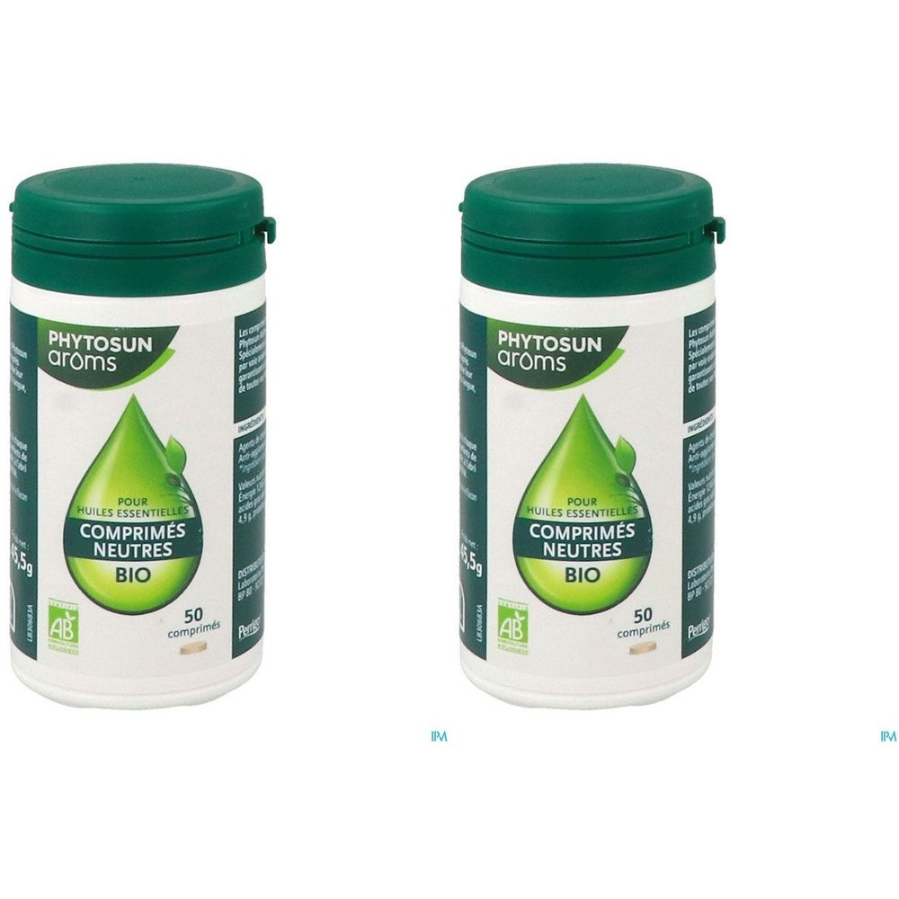 Deux flacons blancs à couvercle vert. Inscription: PHYTOSUN arôms, COMPRIMÉS NEUTRES BIO. Avec label AB bio. Contient 50 comprimés.