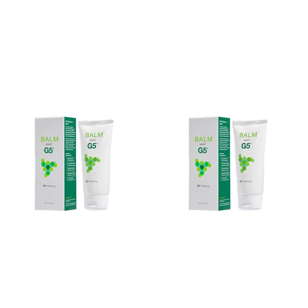 Deux tubes et boîtes. Les tubes et les boîtes portent la mention "BALM G5". Les boîtes sont blanches avec des accents verts.