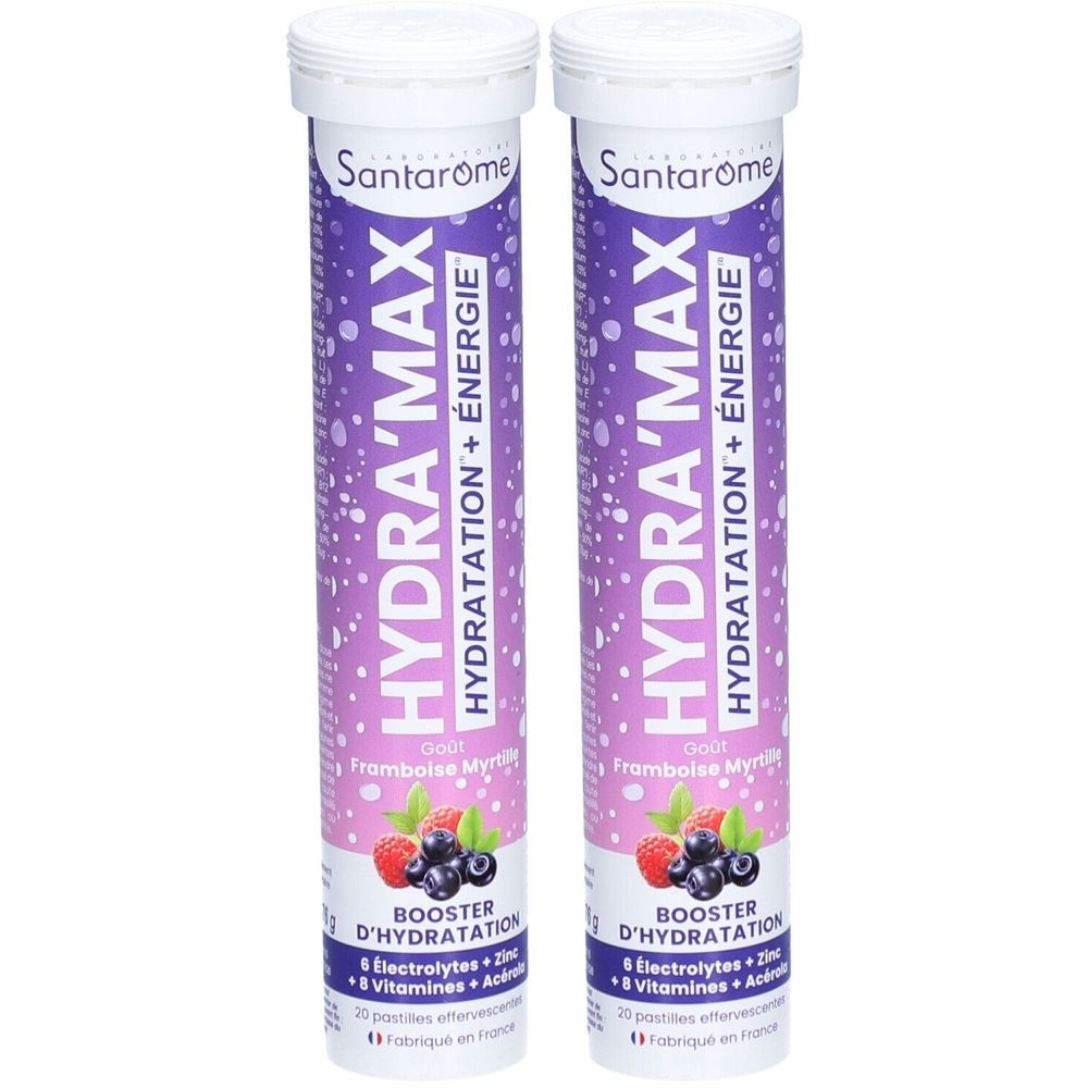 Zwei zylindrische Behälter mit Santarome Hydra'Max. Lila Etikett mit Produktnamen und Abbildung von Himbeeren und Blaubeeren.