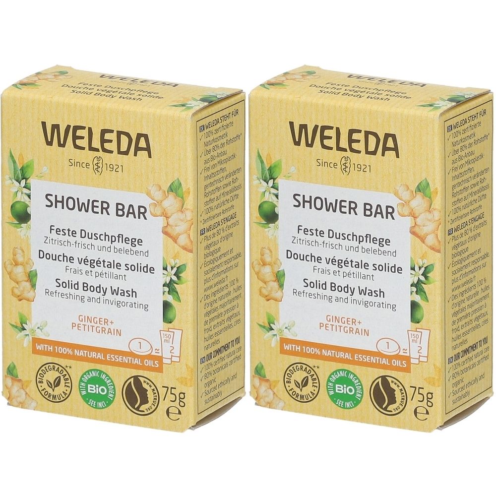 Zwei rechteckige Kartons. Aufschrift: WELEDA, SHOWER BAR, Ingwer & Petit Grain. Bio-Siegel. 75g.