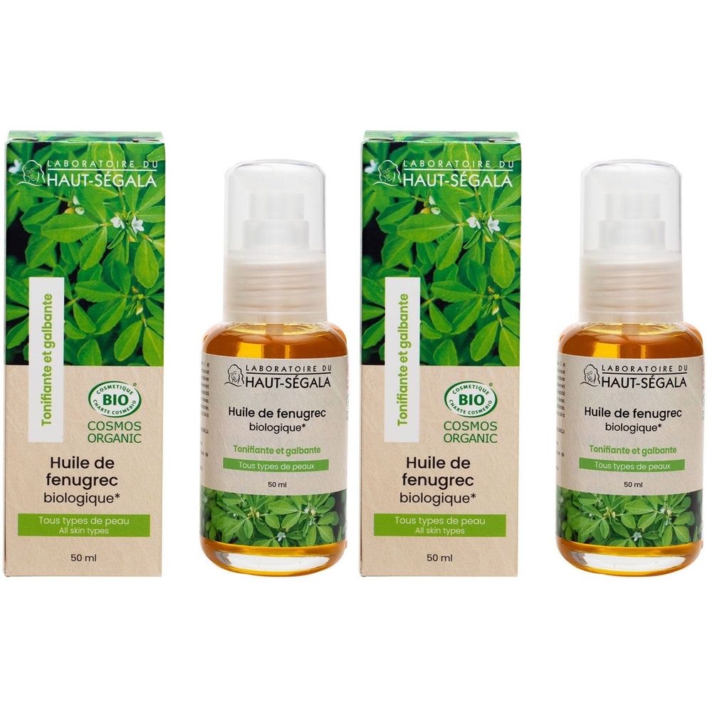 Trois flacons d'huile brune avec vaporisateur et trois boîtes. Inscription : Huile de fenugrec biologique, Cosmos Organic.