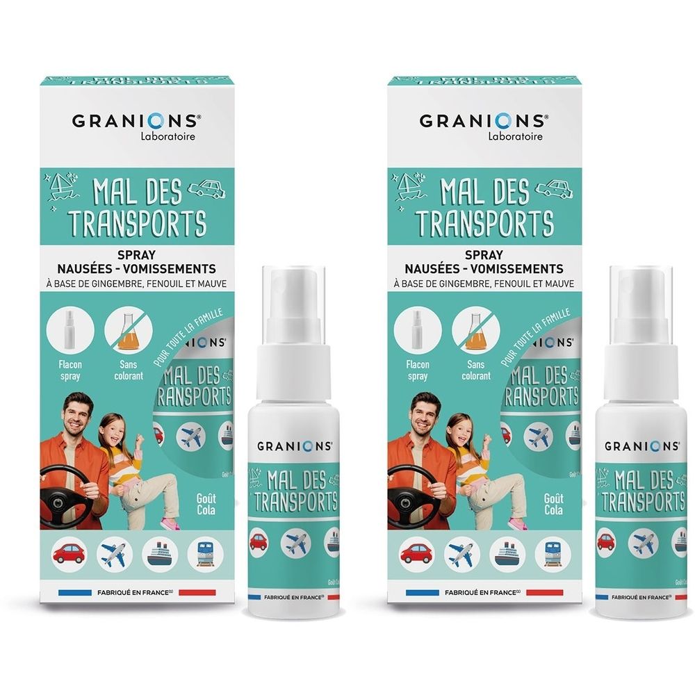 Zwei Sprays und Verpackungen. Aufschrift: GRANIONS Mal des Transports Spray. Enthält Ingwer, Fenchel und Malve. Abbildung einer Familie im Auto.