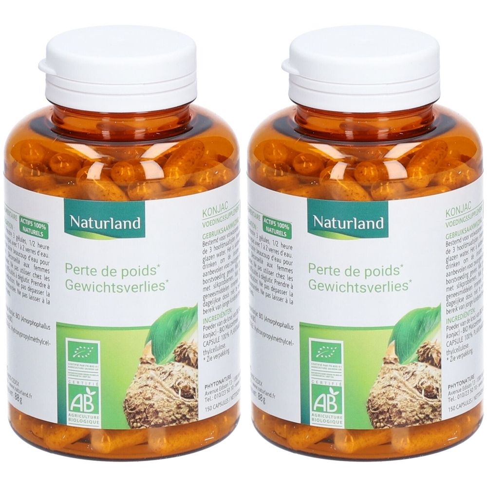 Zwei Flaschen mit weißen Deckeln und braunen Behältern. Auf den Etiketten steht Naturland, Perte de poids, und Gewichtsverlies. AB-Bio-Siegel.
