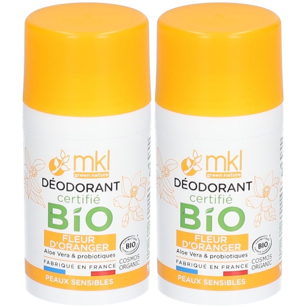 Zwei Deodorant-Stifte mit gelben Deckeln. Aufschrift: mkl, BIO, Fleur d'Oranger, Aloe Vera, probiotiques, Peaux sensibles.