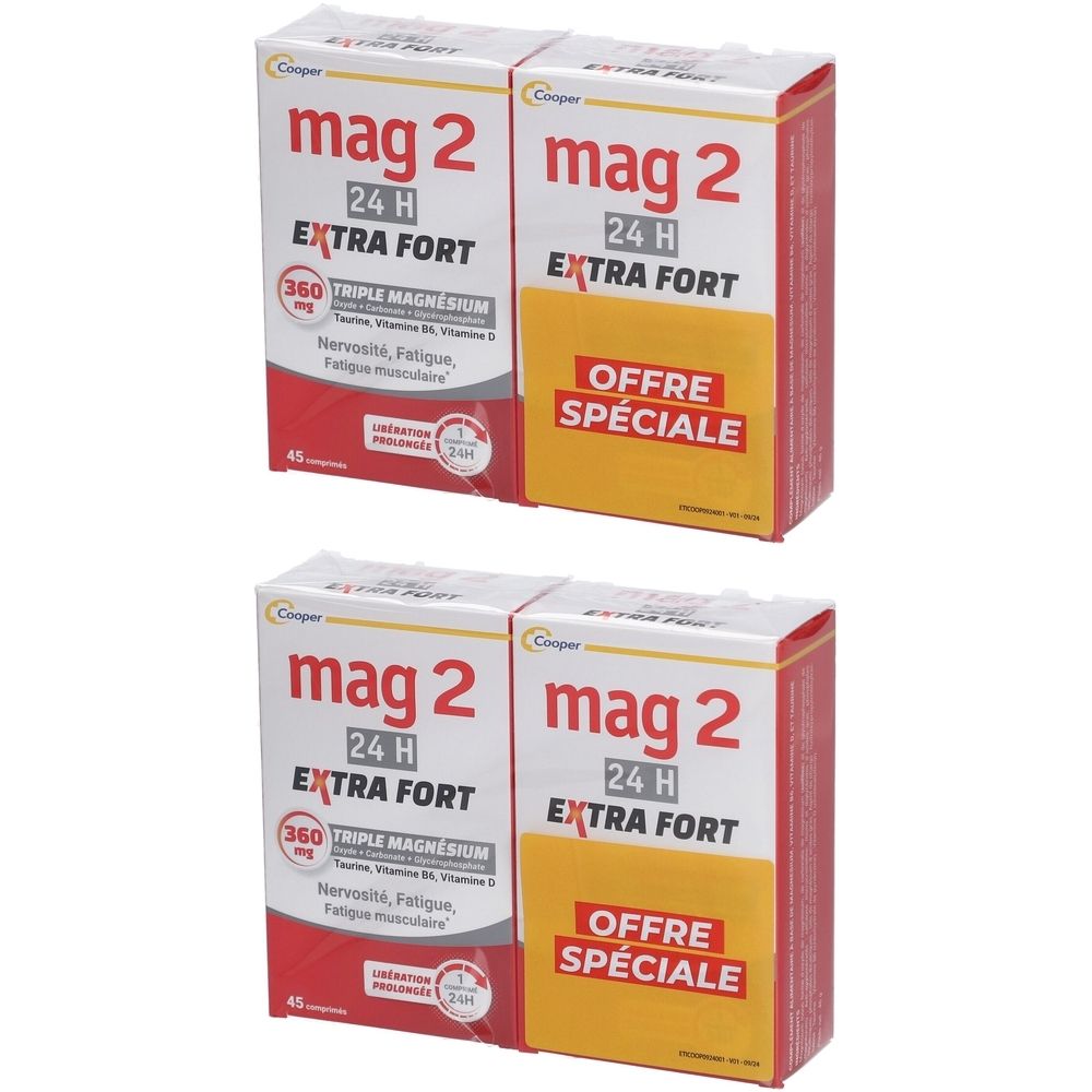 Zwei Packungen mit der Aufschrift "mag 2 24H EXTRA FORT". Aufschrift "OFFRE SPECIALE". Enthält 45 Tabletten.