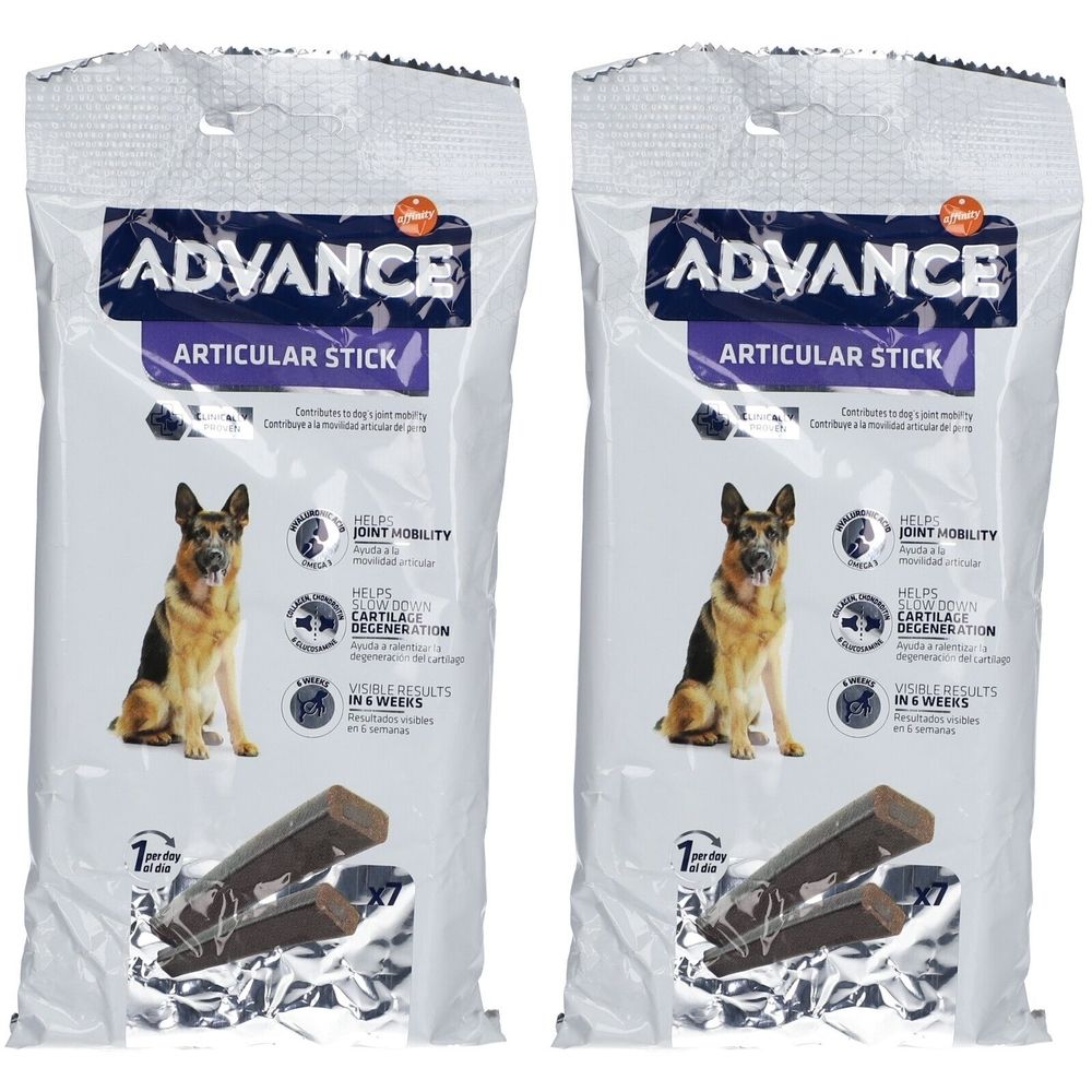 Zwei Beutel ADVANCE Articular Stick. Aufdruck: Joint Mobility, Knorpeldegeneration. Abbildung eines Hundes und Sticks.