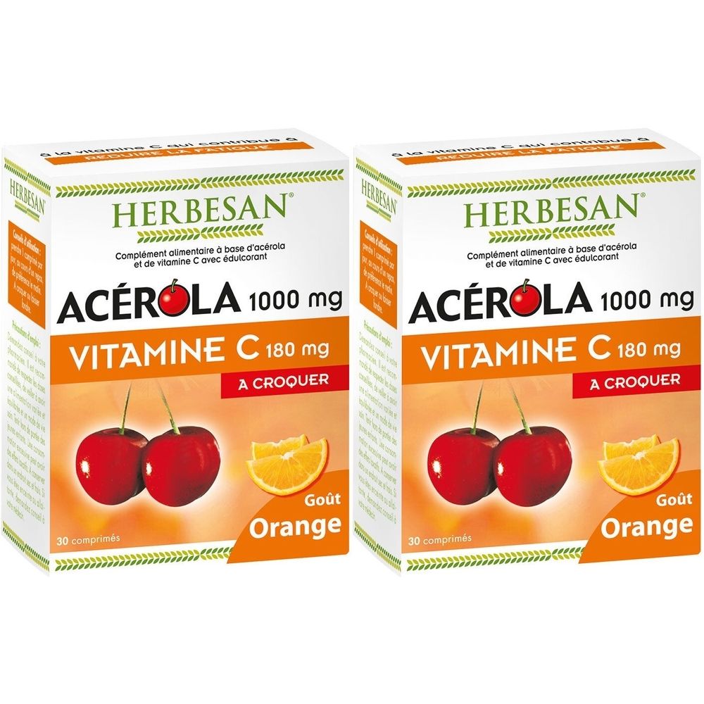 Deux boîtes de Herbesan Acérola Vitamine C. Inscription : Acérola 1000 mg, Vitamine C 180 mg, goût Orange. Images de cerises et d'oranges.