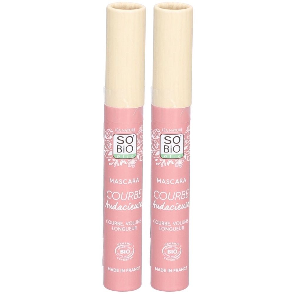 Zwei Mascaras mit rosa Hülle und beigem Deckel. Aufgedruckt sind Markenname, Produktname und Bio-Zertifizierung. Hergestellt in Frankreich.