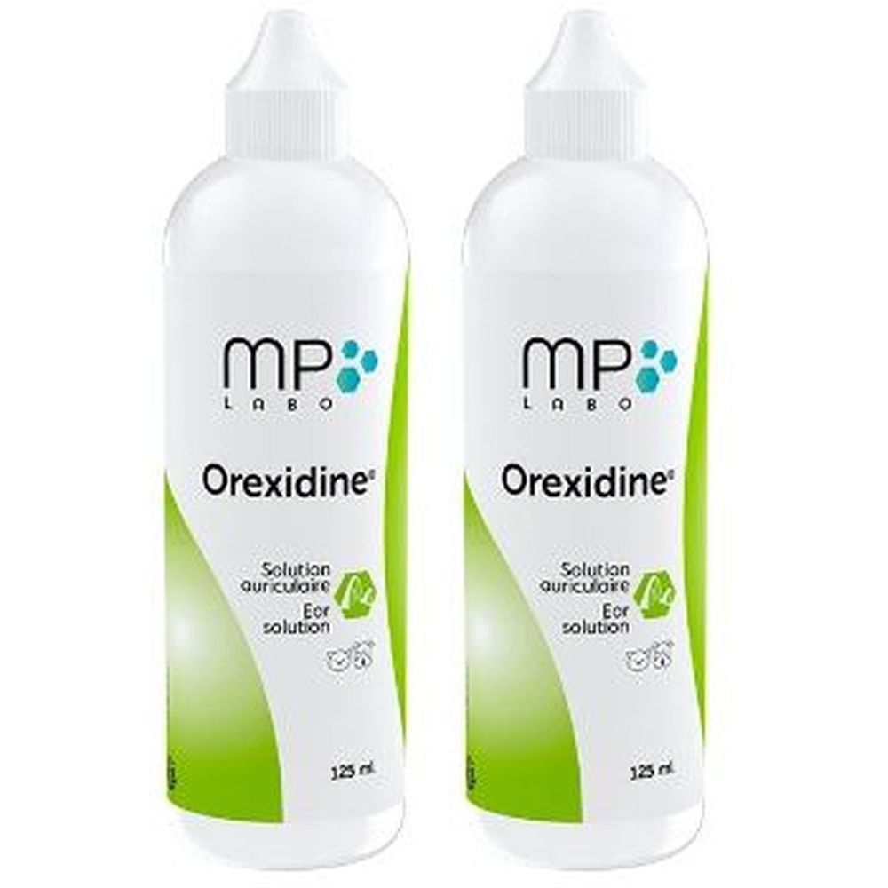 Deux flacons blancs avec des accents verts. Inscription: MP Labo Orexidine, solution auriculaire, 125 ml. Pour chiens et chats.