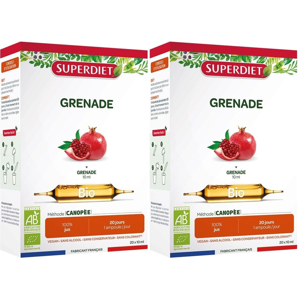 Verpackung mit SUPERDIET Grenade Bio. Abbildung einer Granatapfel-Illustration. Enthält Ampullen. AB-Bio-Siegel.