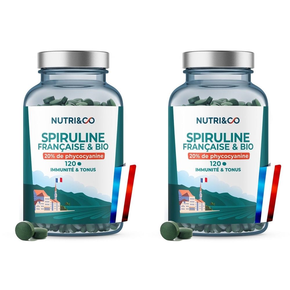 Deux flacons en verre de comprimés verts. Inscription: NUTRI&CO Spiruline Française & Bio. Drapeau français.