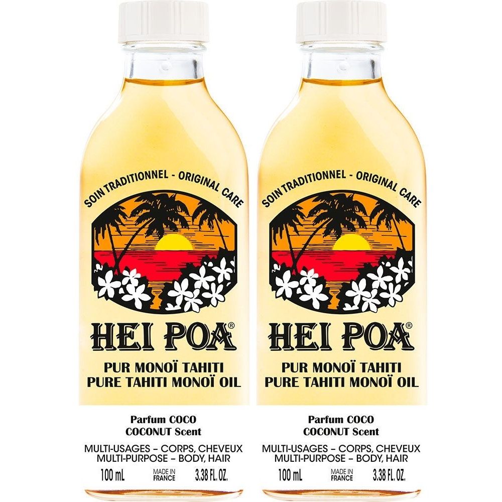 Deux flacons de liquide jaune. Inscription : HEI POA, Pur Monoï Tahiti, parfum coco. Multi-usages corps et cheveux. 100 ml.