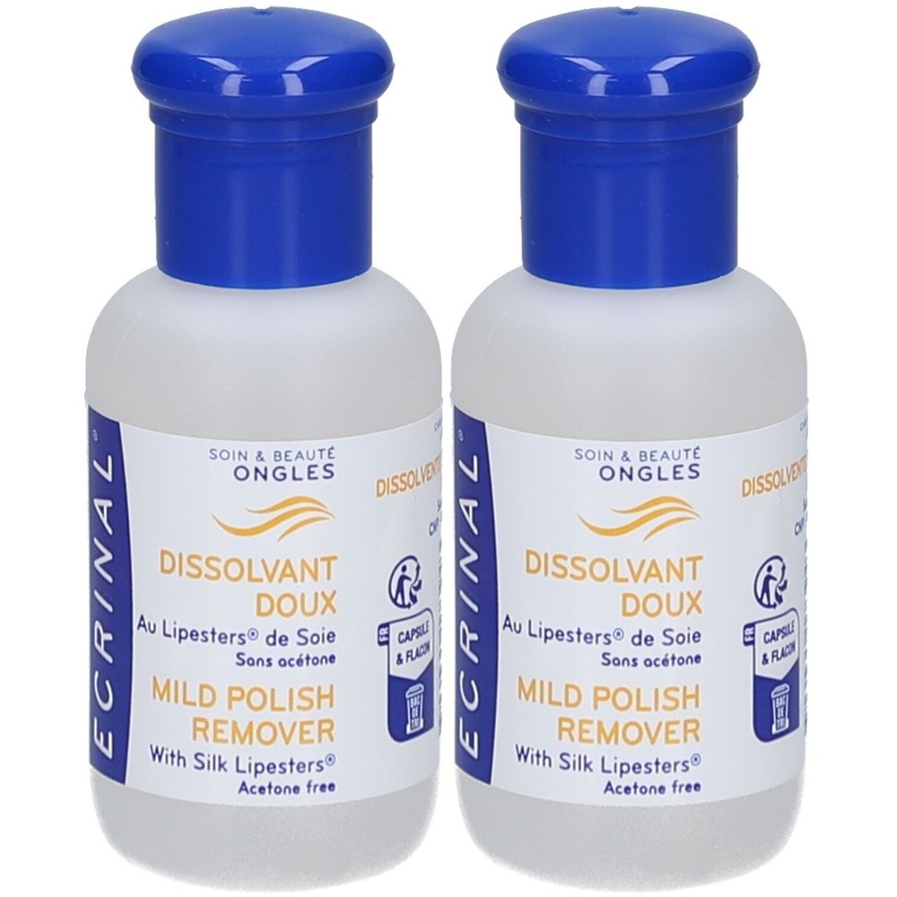 Deux flacons de dissolvant pour vernis à ongles. Flacons blancs avec bouchons bleus. Inscription : ECRINAL, DISSOLVANT DOUX, MILD POLISH REMOVER.