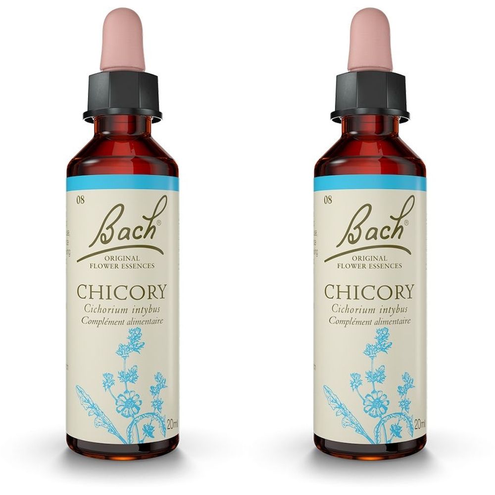 Deux flacons en verre brun avec pipettes roses. Étiquettes : "Bach Original Flower Essences CHICORY".