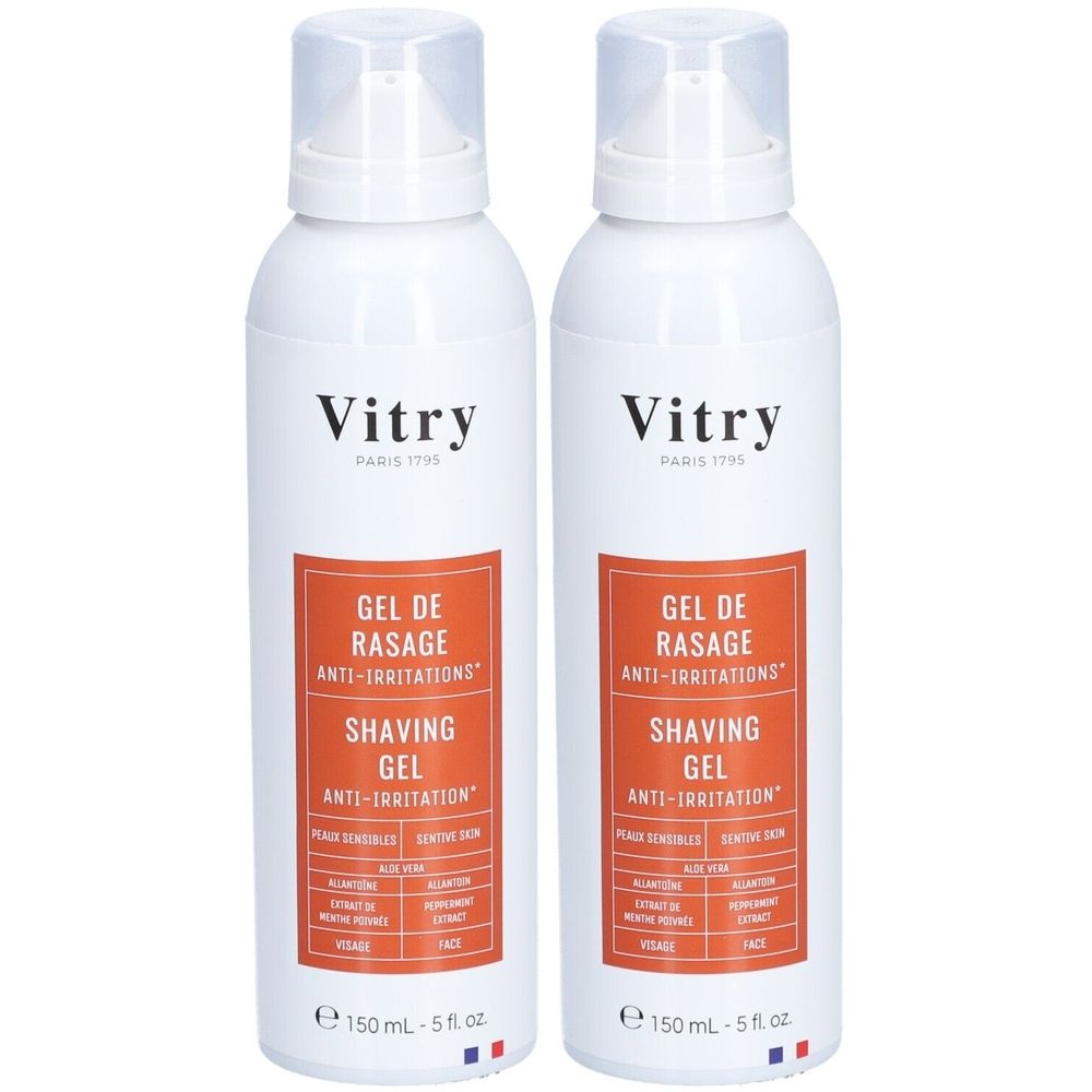 Deux flacons de gel de rasage Vitry anti-irritations. Blanc avec étiquette orange.