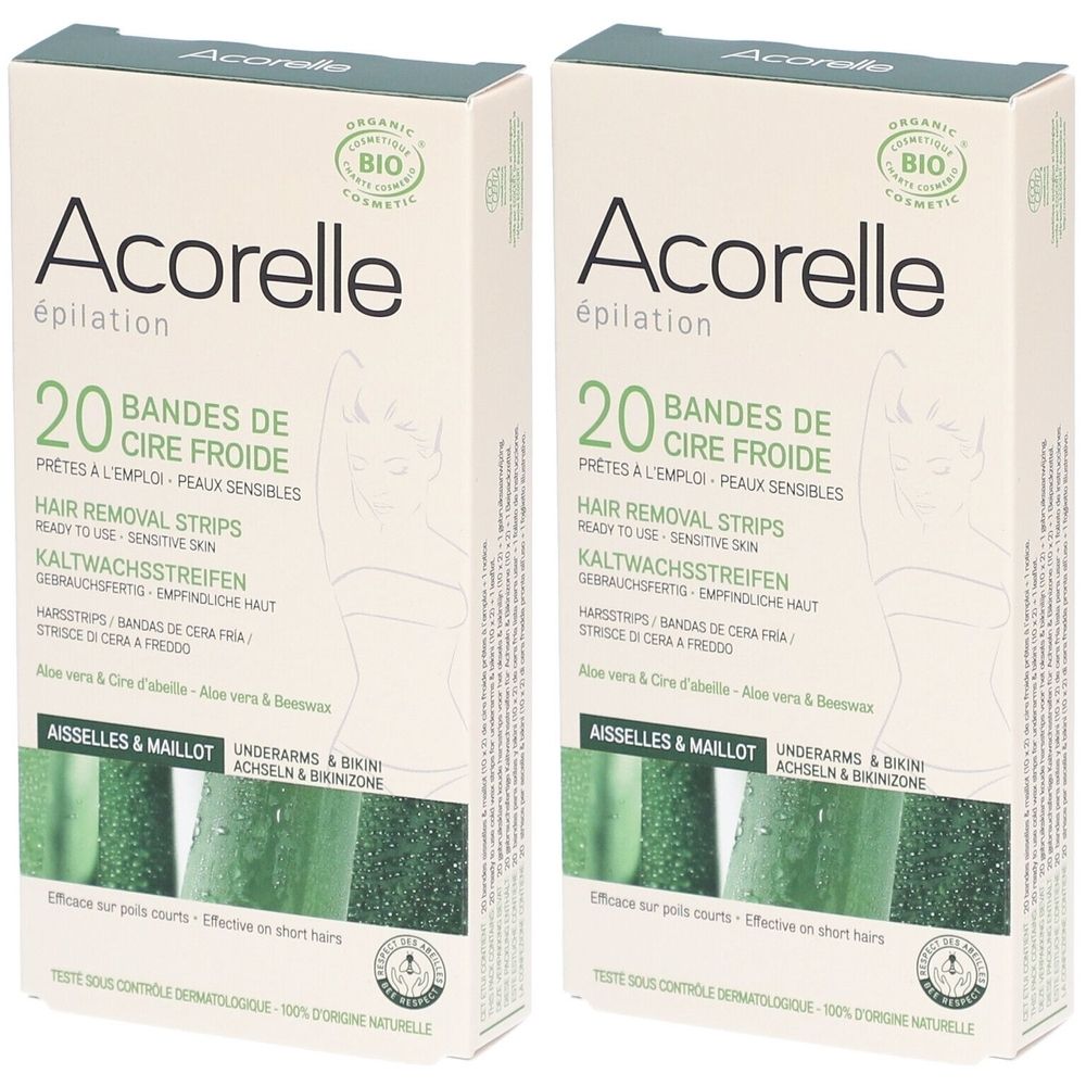 Zwei Packungen Acorelle Enthaarungsstreifen. Aufschrift: 20 Bandes de cire froide, für empfindliche Haut. Bio-Zertifizierung.