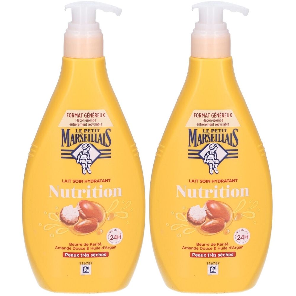 Zwei gelbe Flaschen mit Pumpaufsatz. Aufschrift: LE PETIT MARSEILLAIS, Lait Soin Hydratant Nutrition, für sehr trockene Haut. 24H.