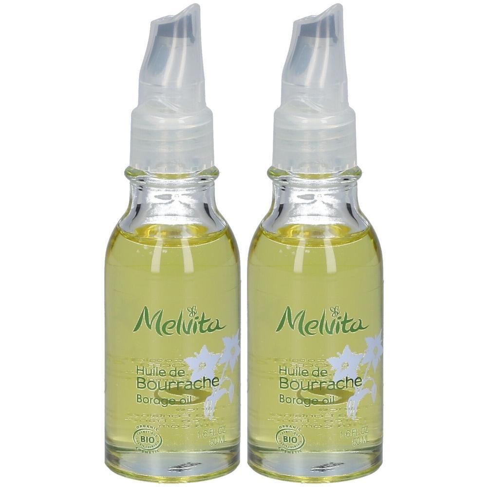Zwei Flaschen Melvita Bio-Borretschöl mit Applikator. Gelbes Öl in Glasflaschen mit Etikett.