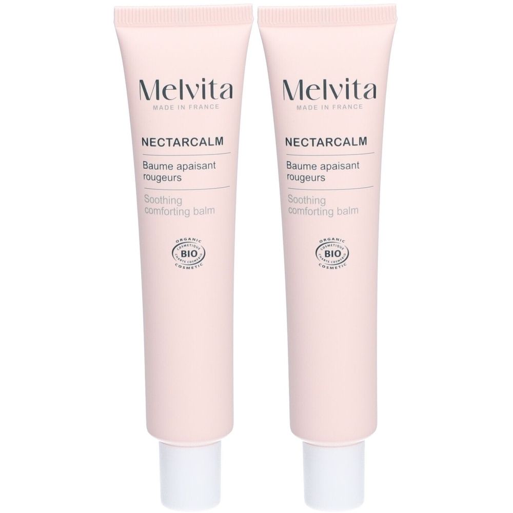 Zwei Tuben mit rosa Creme. Aufschrift: Melvita, NectarCalm, Baume apaisant rougeurs, Soothing comforting balm. Bio-Zertifizierung.